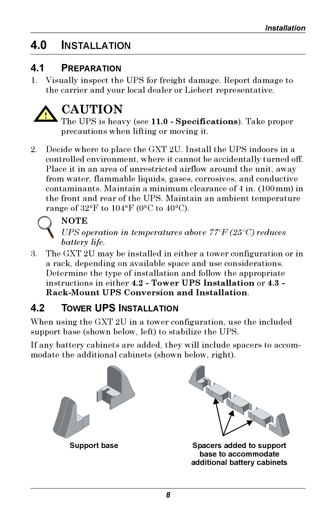 Liebert GXT 2U user manual Preparation, Tower UPS Installation 