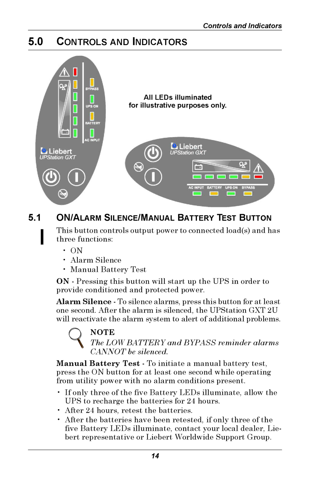 Liebert GXT 2U user manual Controls and Indicators, ON/ALARM SILENCE/MANUAL Battery Test Button 