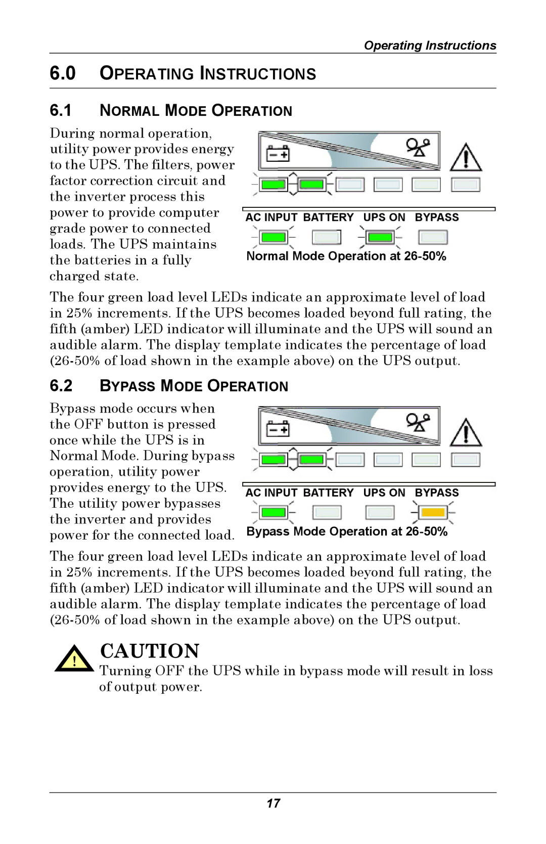 Liebert GXT 2U user manual Operating Instructions, Normal Mode Operation, Bypass Mode Operation 