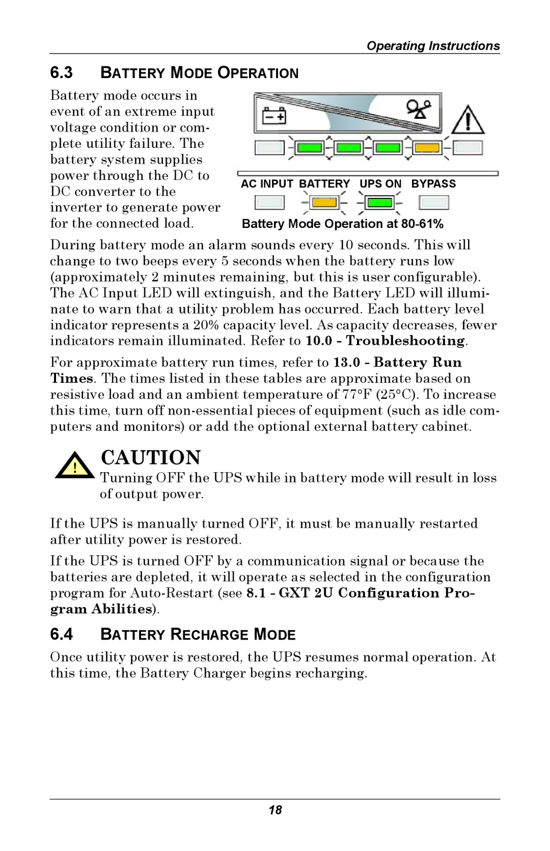 Liebert GXT 2U user manual Battery Mode Operation, Battery Recharge Mode 