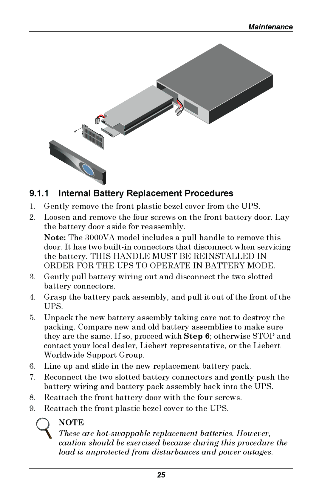 Liebert GXT 2U user manual Internal Battery Replacement Procedures 