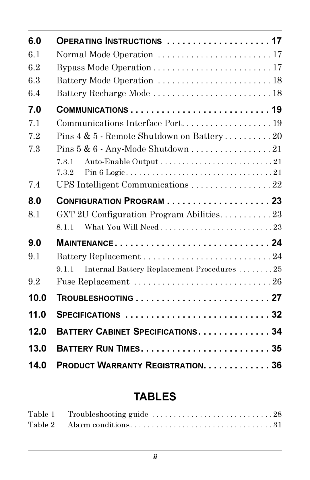 Liebert GXT 2U user manual Tables 