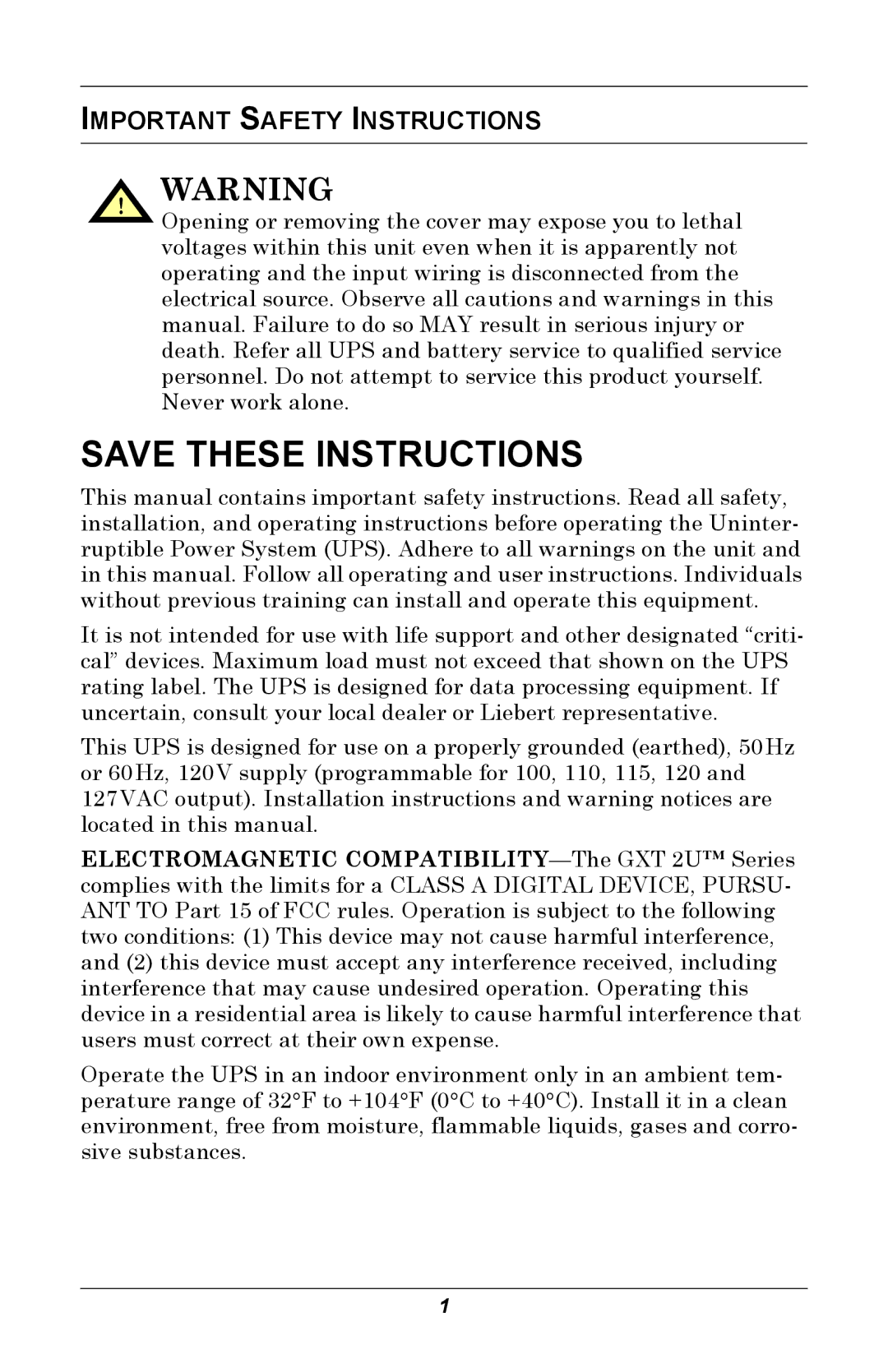 Liebert GXT 2U user manual Important Safety Instructions 