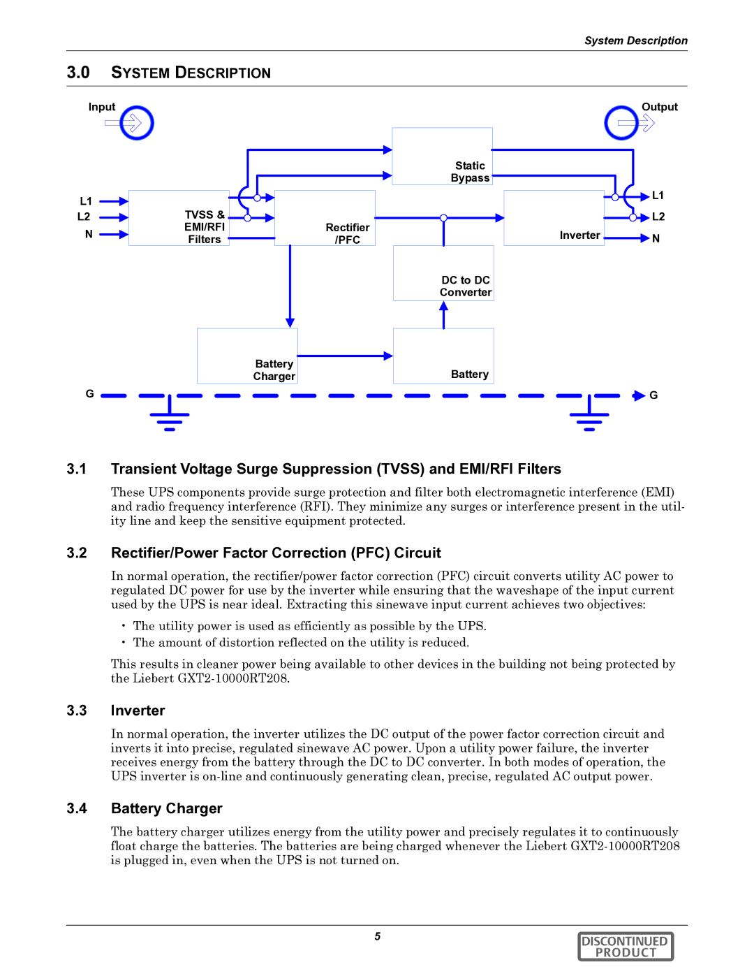 Liebert GXT2-10000RT208 Rectifier/Power Factor Correction PFC Circuit, Inverter, Battery Charger, System Description 