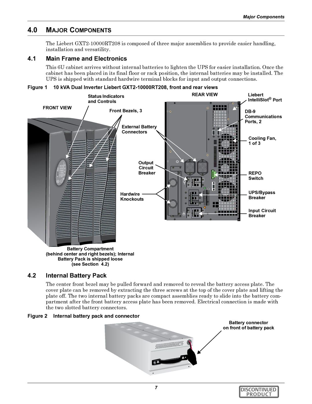 Liebert GXT2-10000RT208 user manual Main Frame and Electronics, Internal Battery Pack, Major Components 