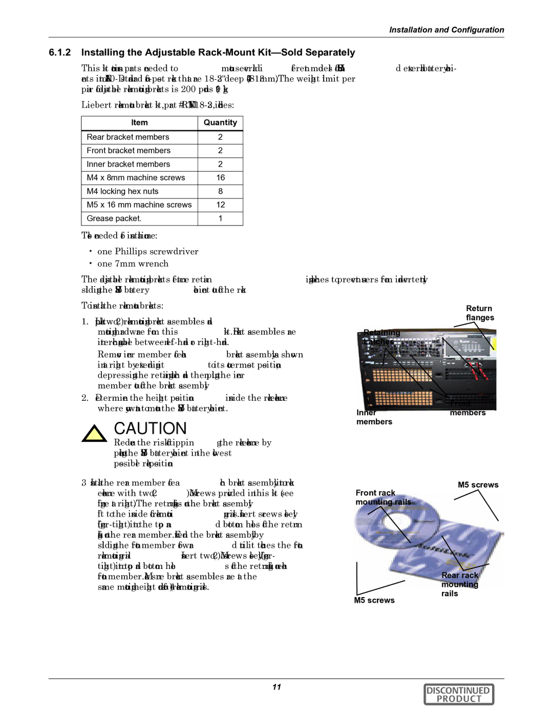 Liebert GXT2-10000RT208 user manual Installing the Adjustable Rack-Mount Kit-Sold Separately, Quantity 