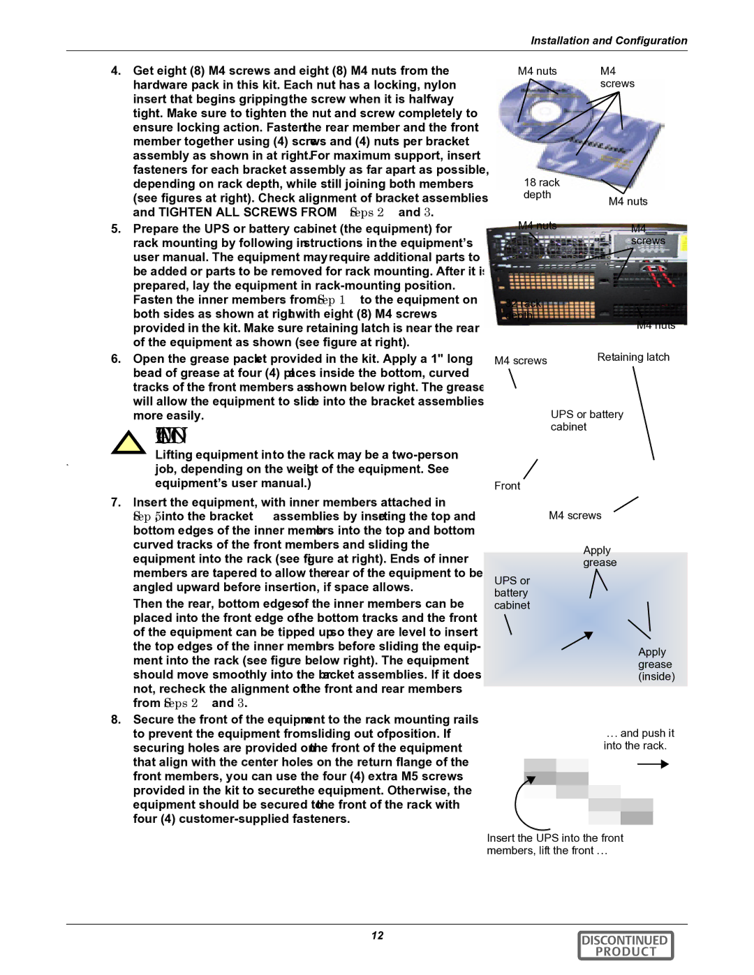 Liebert GXT2-10000RT208 user manual Rack Depth M4 nuts 