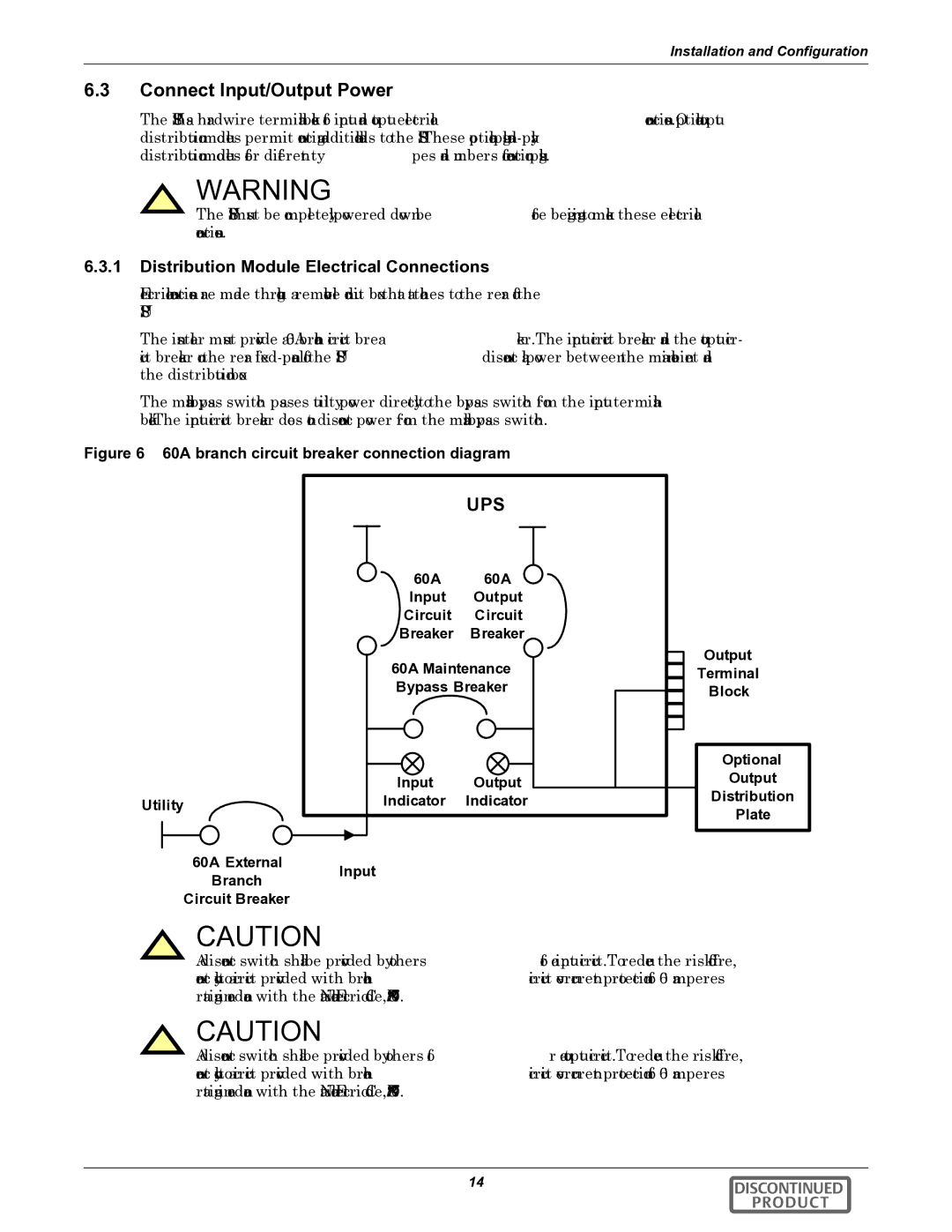 Liebert GXT2-10000RT208 user manual Connect Input/Output Power, Distribution Module Electrical Connections 