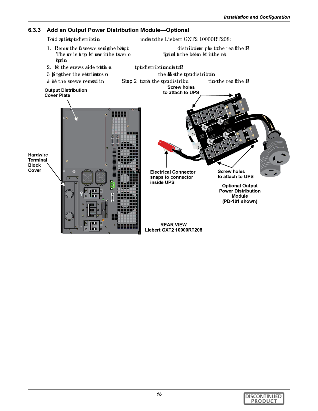 Liebert GXT2-10000RT208 user manual Add an Output Power Distribution Module-Optional, Output Distribution Cover Plate 