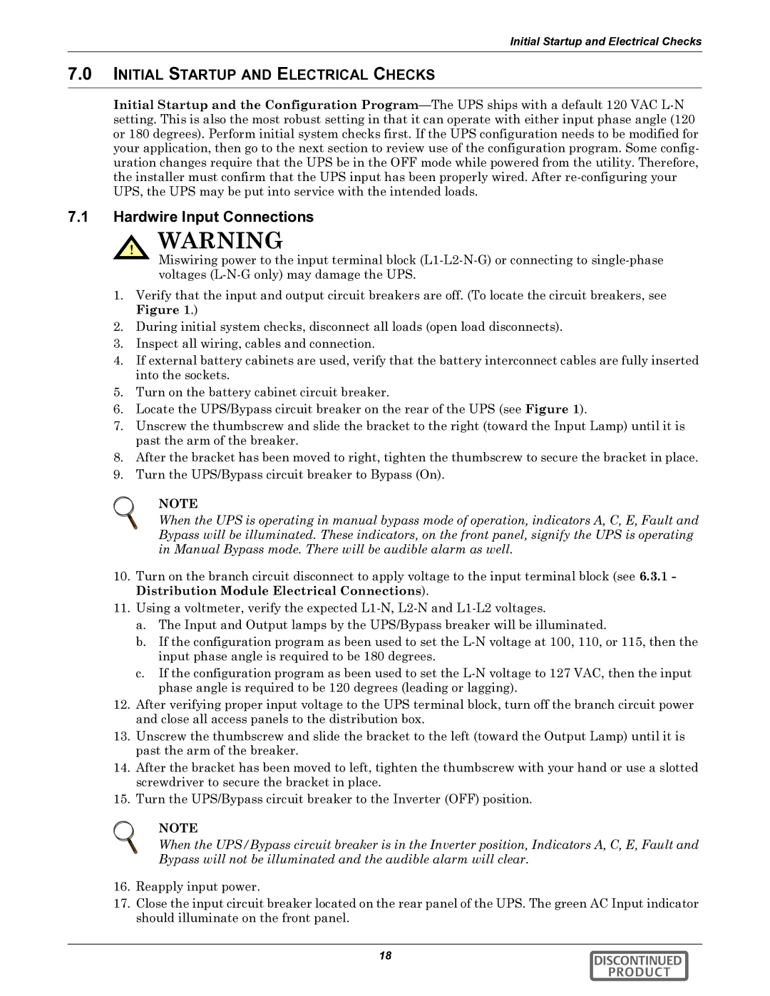 Liebert GXT2-10000RT208 user manual Hardwire Input Connections, Initial Startup and Electrical Checks 