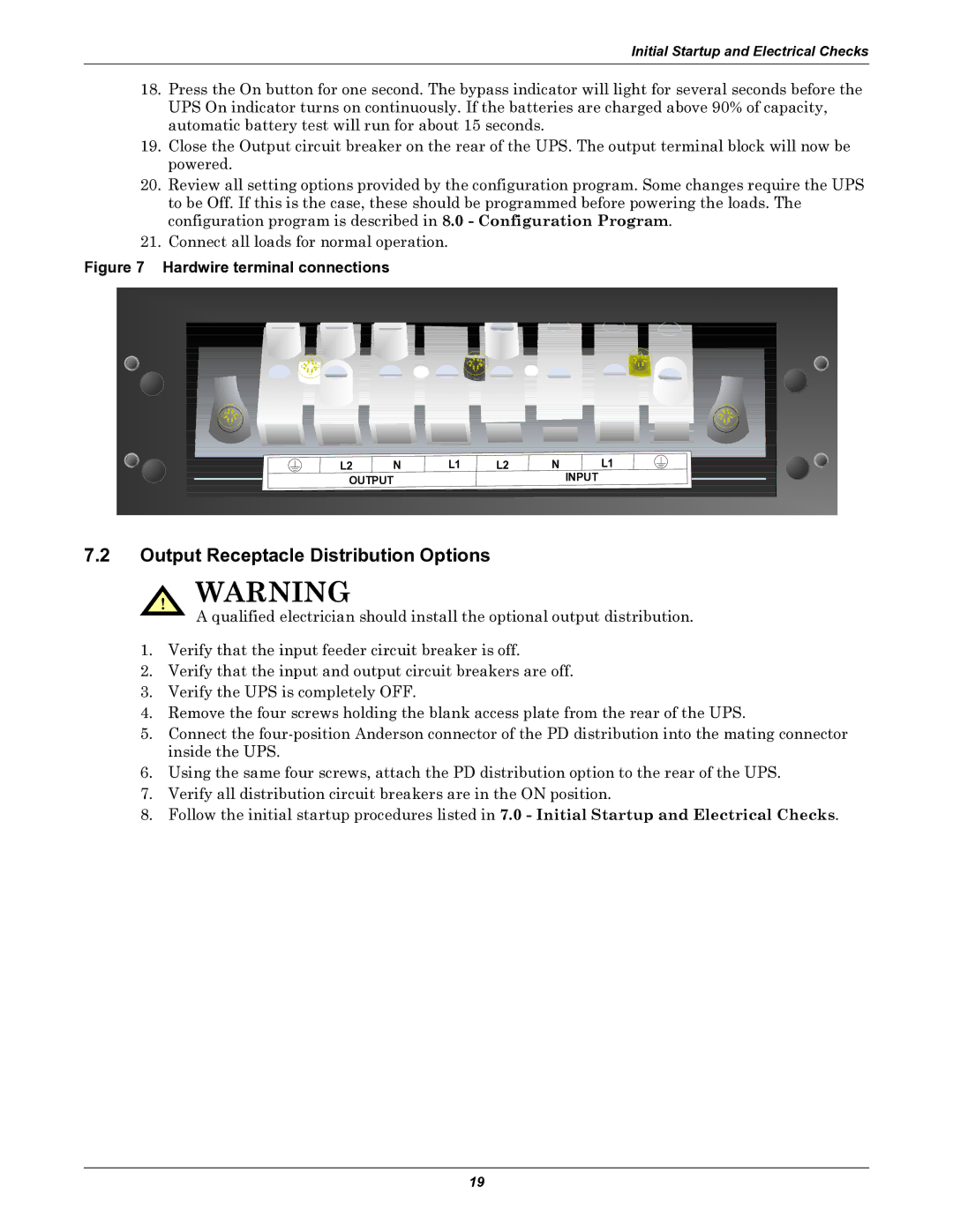 Liebert GXT2-10000RT208 user manual Output Receptacle Distribution Options, Hardwire terminal connections 