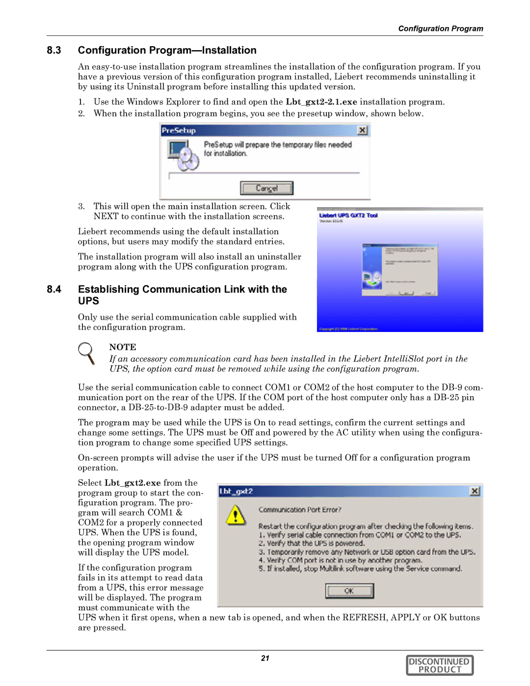 Liebert GXT2-10000RT208 user manual Configuration Program-Installation, Establishing Communication Link with 