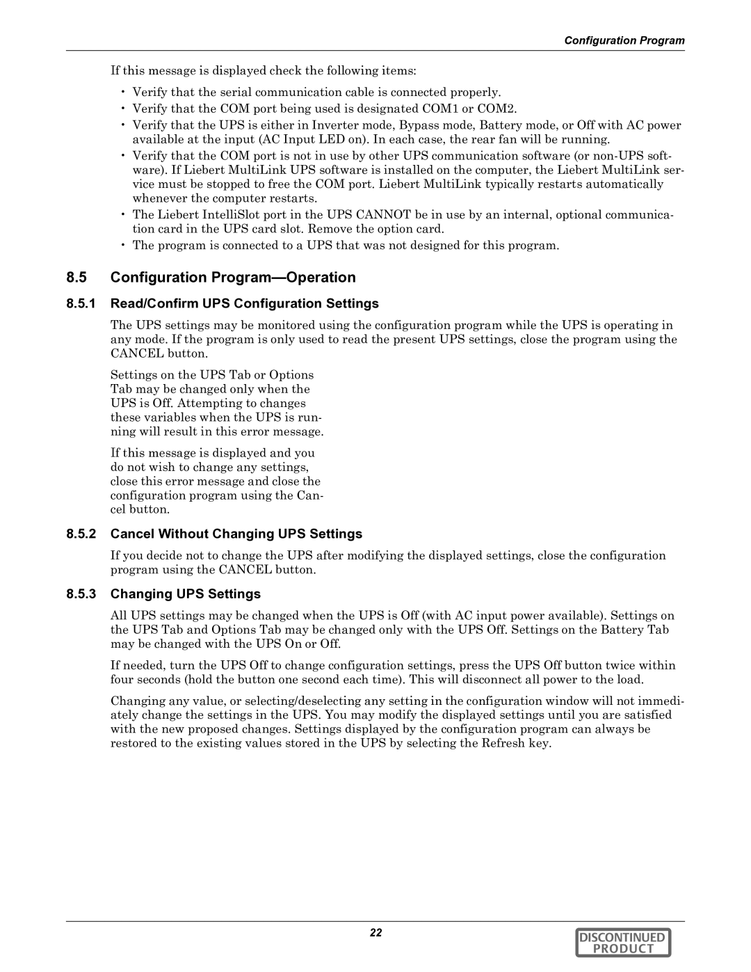 Liebert GXT2-10000RT208 Configuration Program-Operation, Read/Confirm UPS Configuration Settings, Changing UPS Settings 