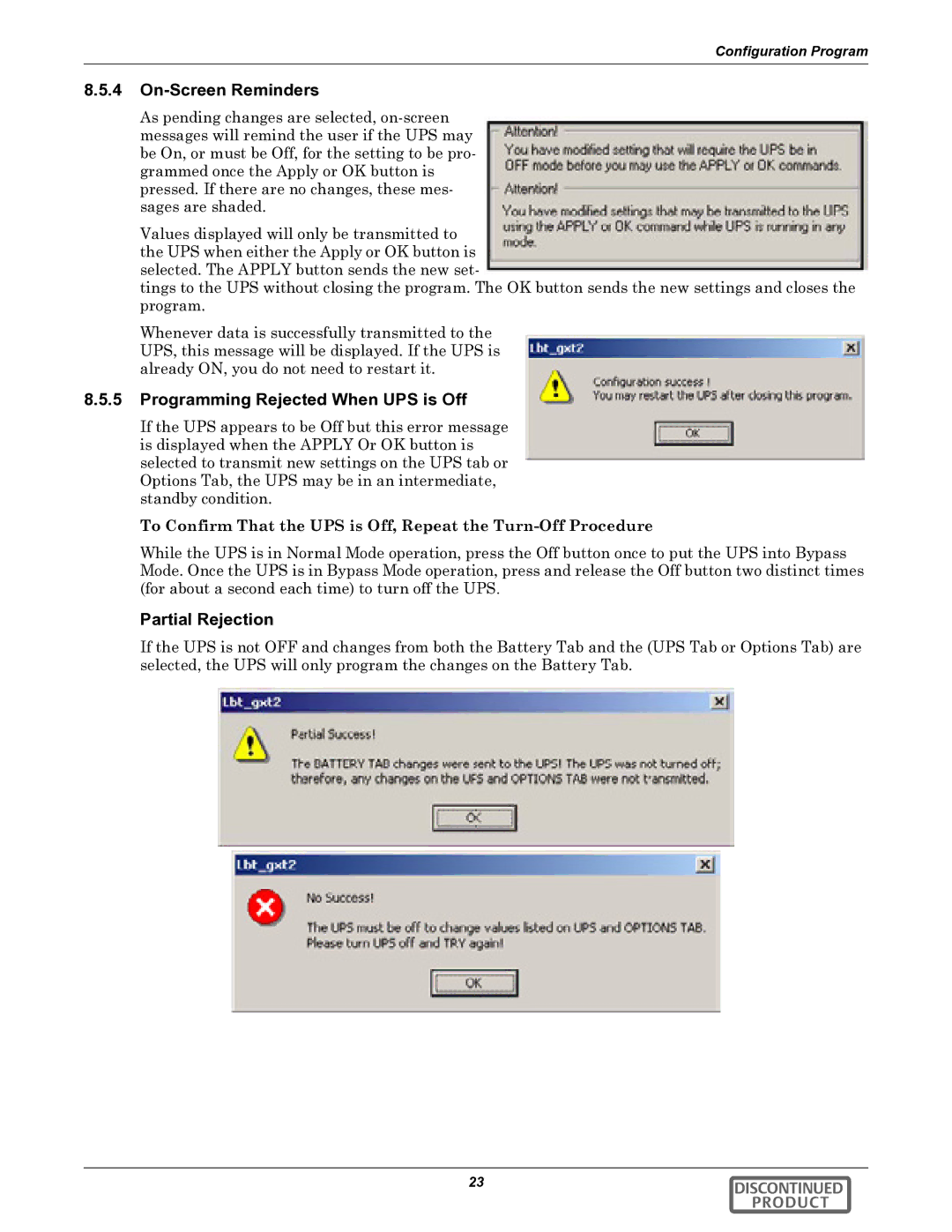 Liebert GXT2-10000RT208 user manual On-Screen Reminders, Programming Rejected When UPS is Off, Partial Rejection 