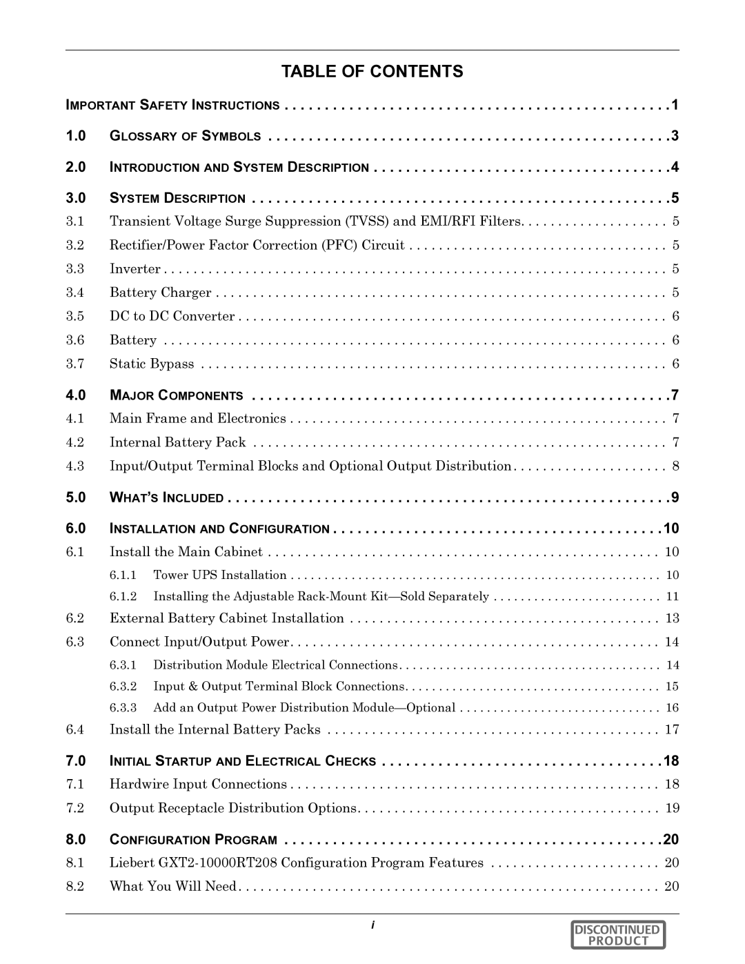 Liebert GXT2-10000RT208 user manual Table of Contents 