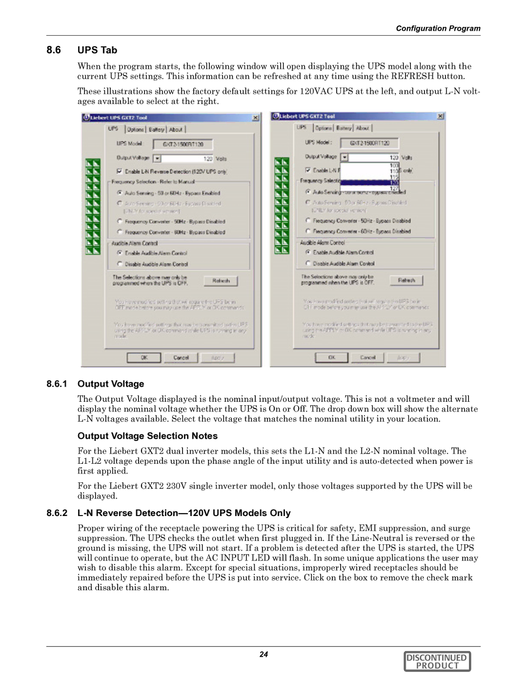 Liebert GXT2-10000RT208 user manual UPS Tab, Output Voltage Selection Notes, N Reverse Detection-120V UPS Models Only 