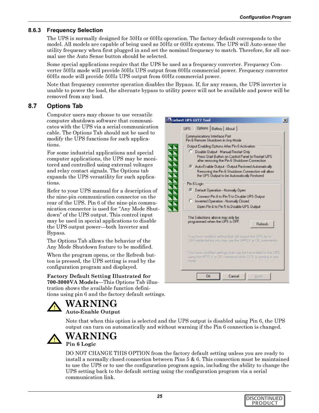 Liebert GXT2-10000RT208 user manual Options Tab, Frequency Selection 