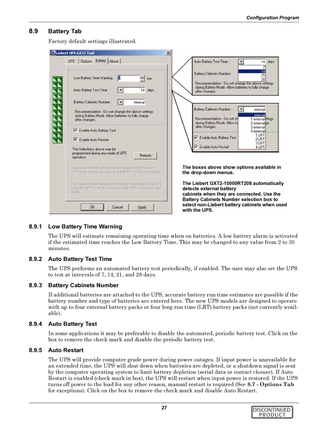 Liebert GXT2-10000RT208 user manual Battery Tab, Low Battery Time Warning, Auto Battery Test Time, Battery Cabinets Number 