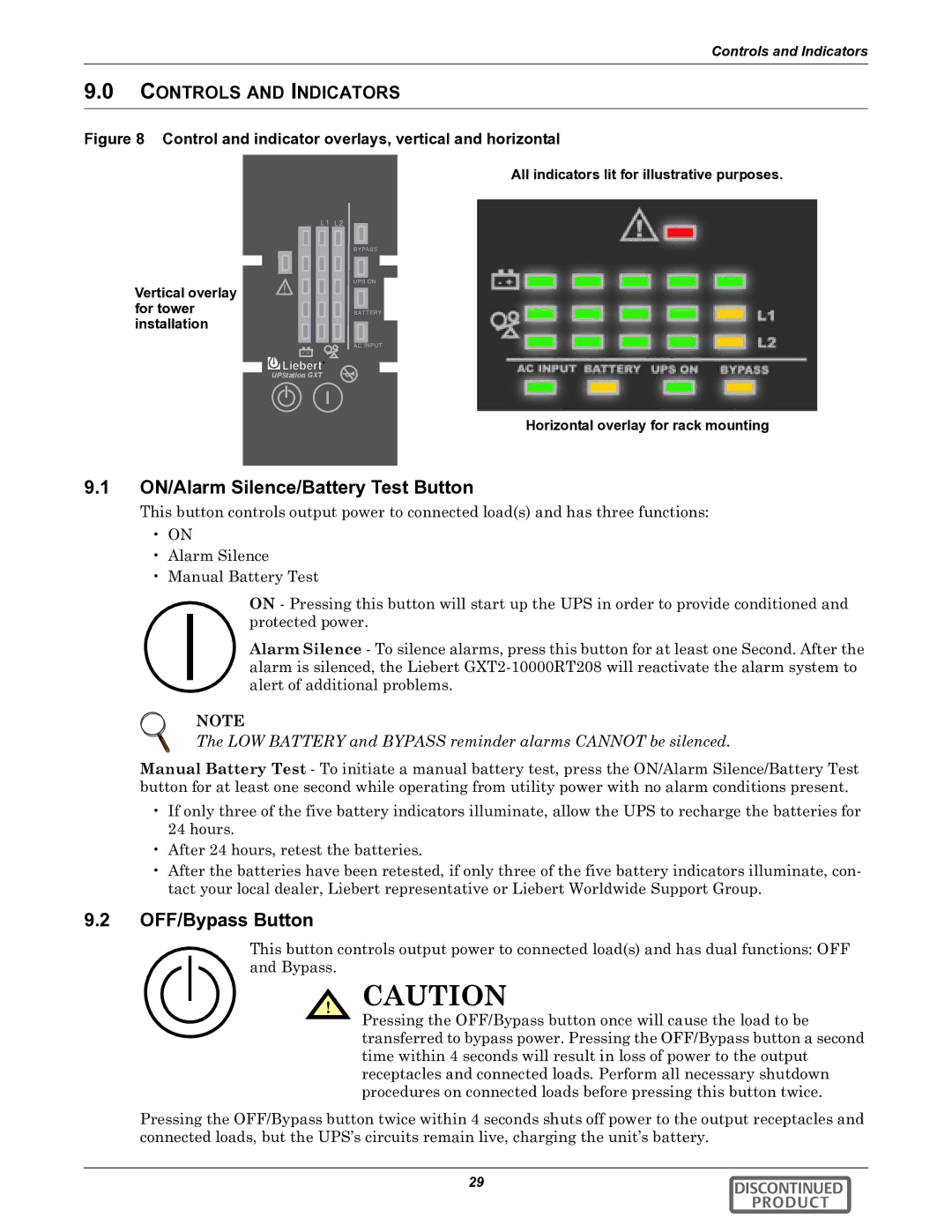 Liebert GXT2-10000RT208 user manual ON/Alarm Silence/Battery Test Button, OFF/Bypass Button, Controls and Indicators 