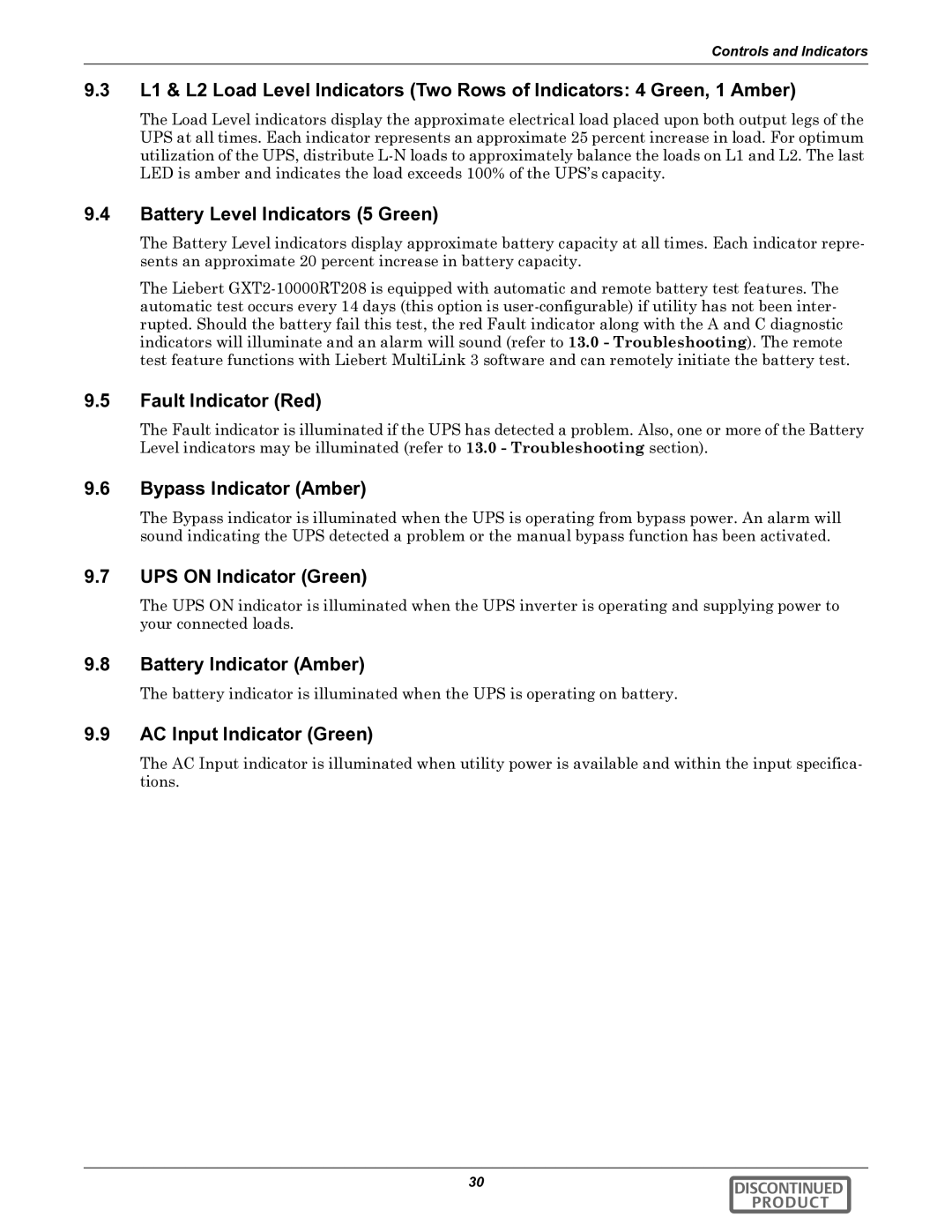 Liebert GXT2-10000RT208 user manual Battery Level Indicators 5 Green, Fault Indicator Red, Bypass Indicator Amber 