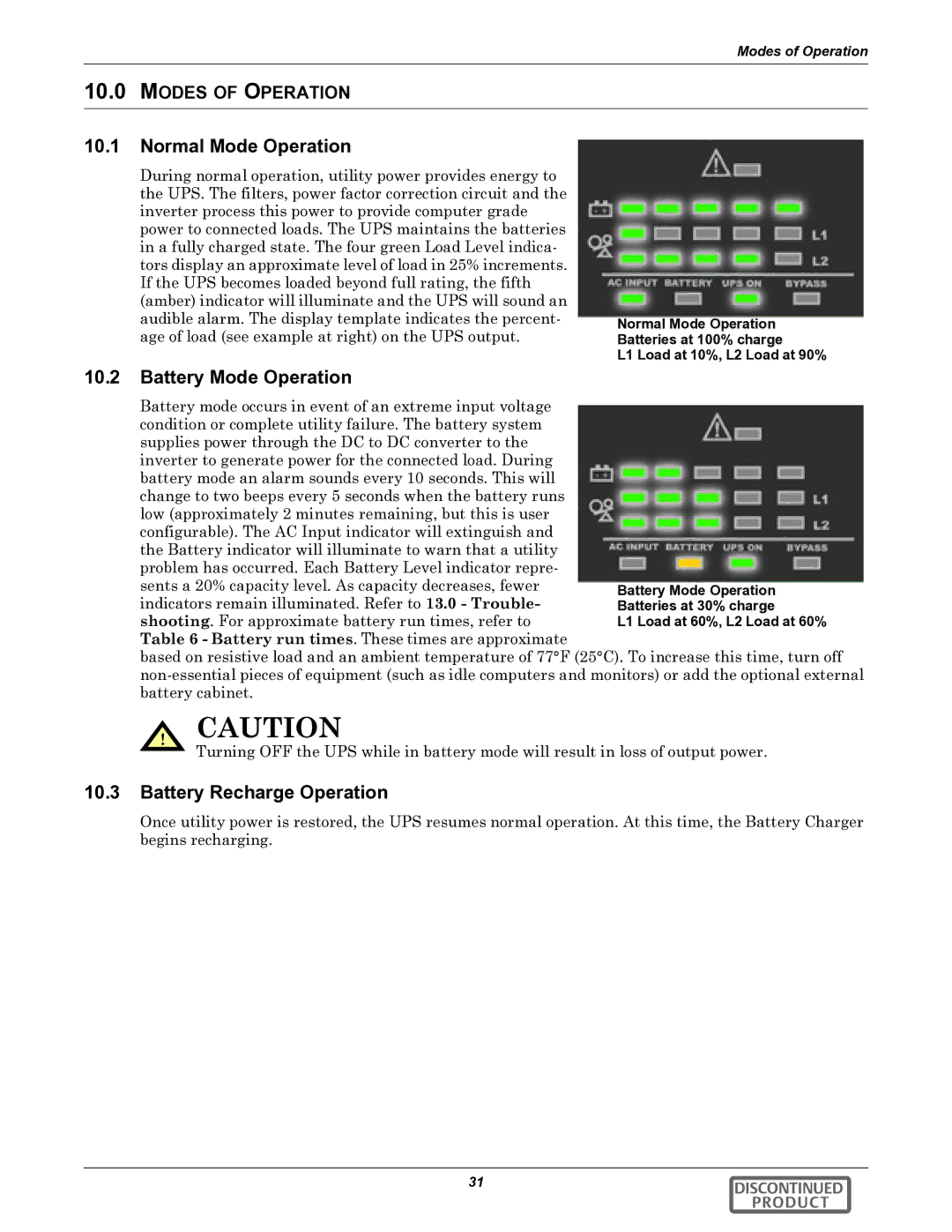 Liebert GXT2-10000RT208 Normal Mode Operation, Battery Mode Operation, Battery Recharge Operation, Modes of Operation 