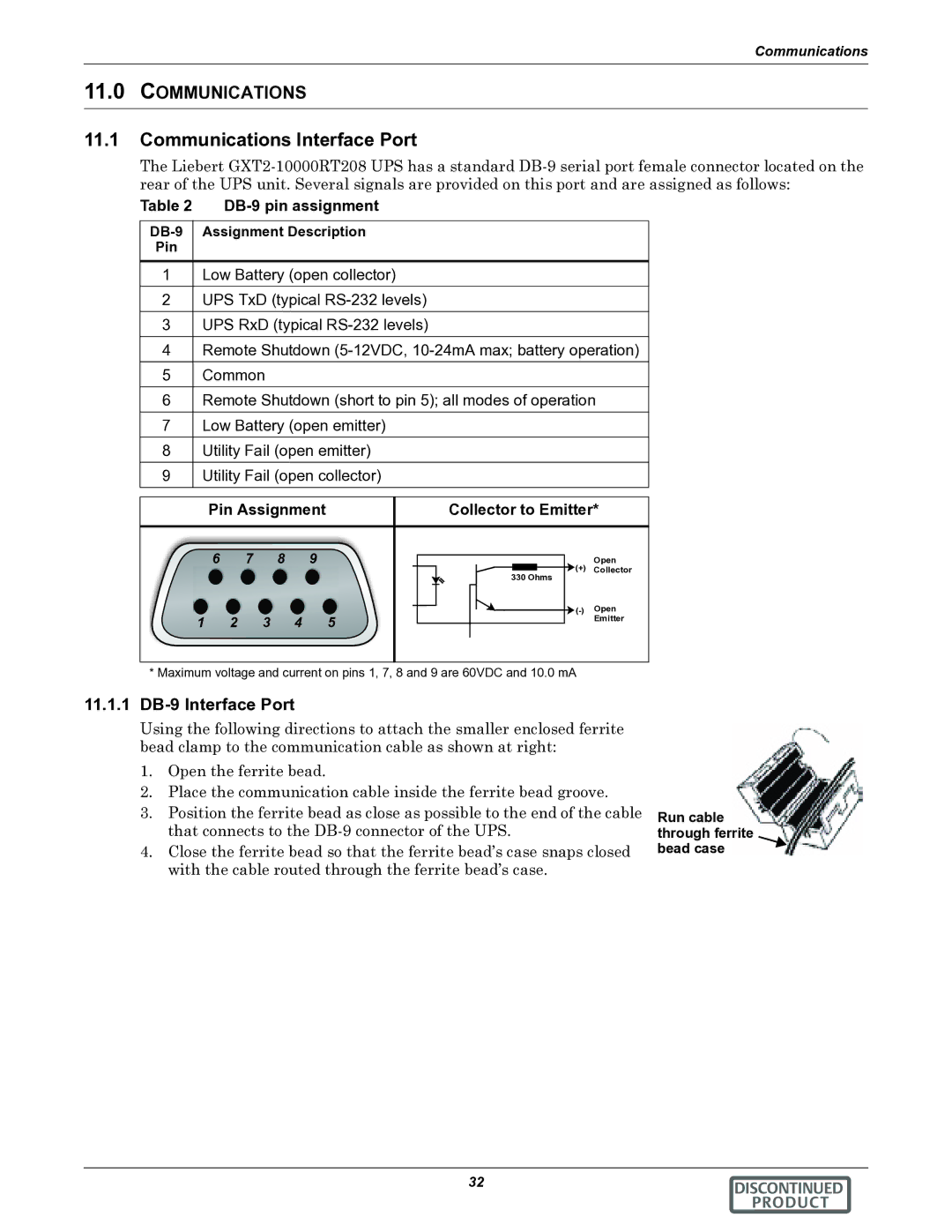 Liebert GXT2-10000RT208 user manual Communications Interface Port, 11.1.1 DB-9 Interface Port, DB-9 pin assignment 