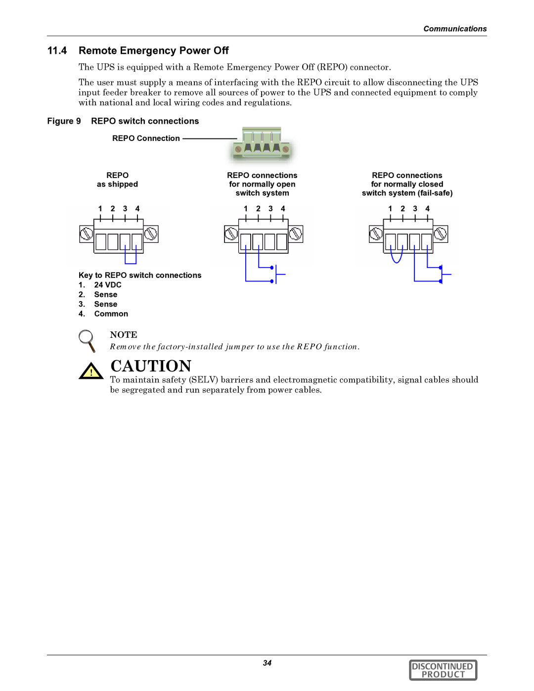 Liebert GXT2-10000RT208 Remote Emergency Power Off, Repo Connection, Key to Repo switch connections 1 VDC Sense Common 