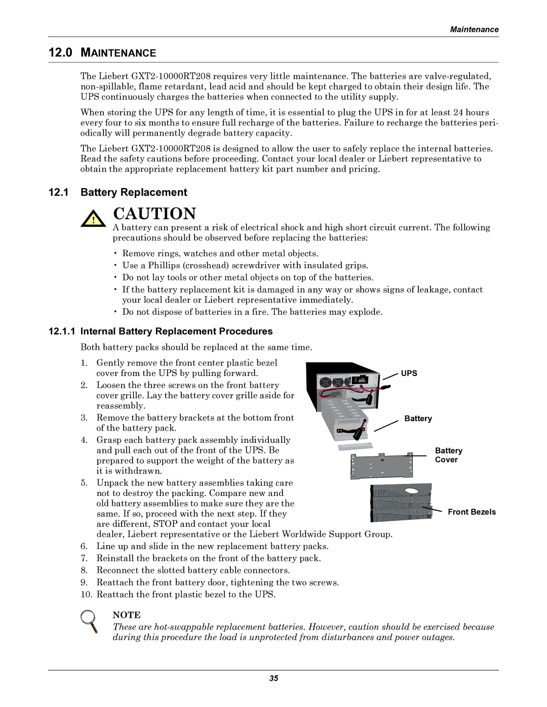 Liebert GXT2-10000RT208 user manual Maintenance, Internal Battery Replacement Procedures, Battery Cover Front Bezels 