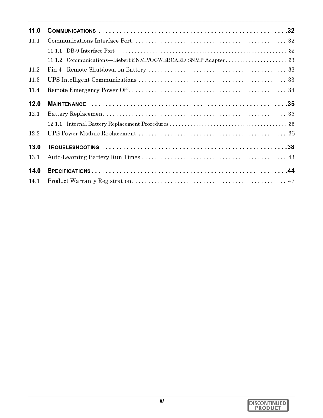 Liebert GXT2-10000RT208 user manual Communications, Maintenance, Troubleshooting, Specifications 