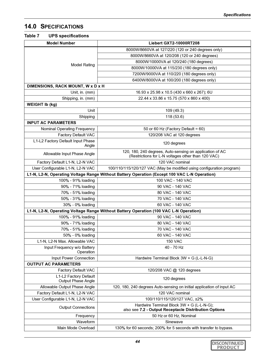 Liebert GXT2-10000RT208 user manual Specifications, UPS specifications 