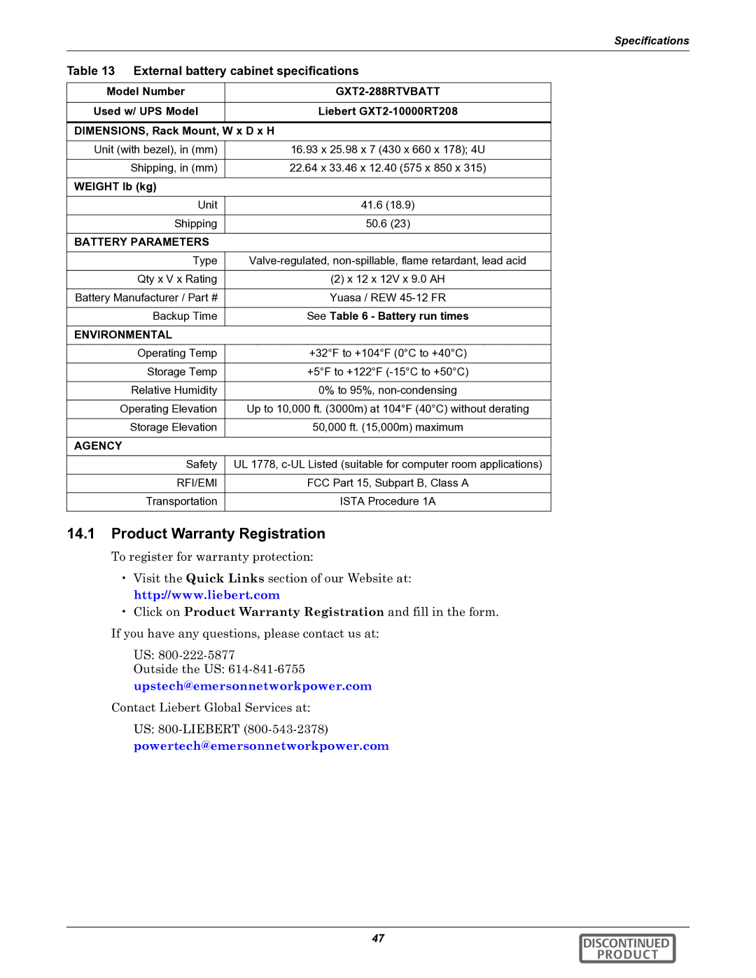 Liebert GXT2-10000RT208 user manual Product Warranty Registration, External battery cabinet specifications, Model Number 