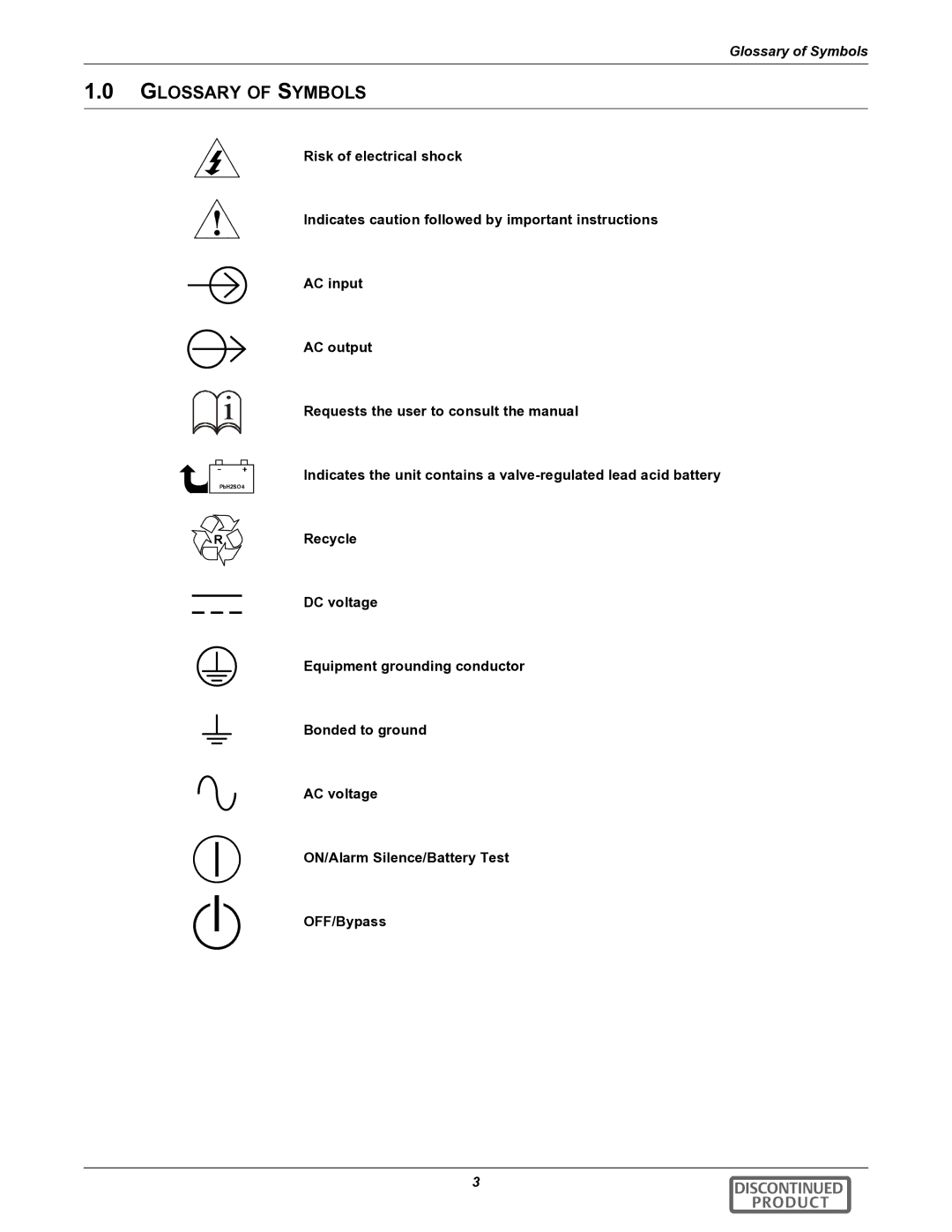 Liebert GXT2-10000RT208 user manual Glossary of Symbols 