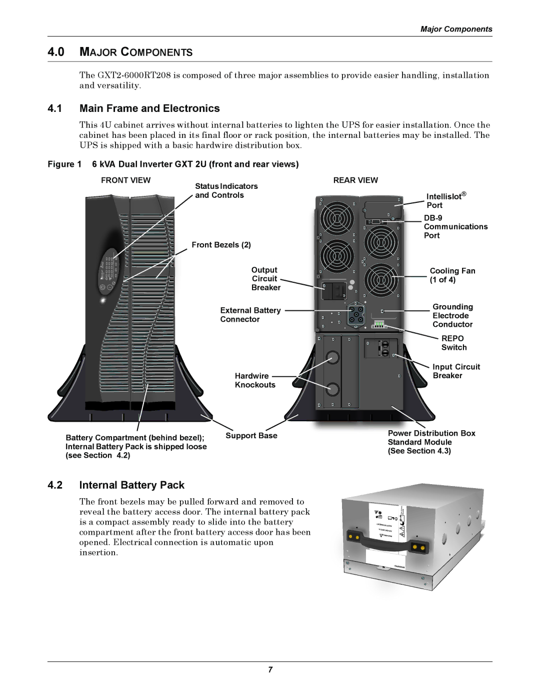 Liebert GXT2-6000 RT208 user manual Main Frame and Electronics, Internal Battery Pack, Major Components 