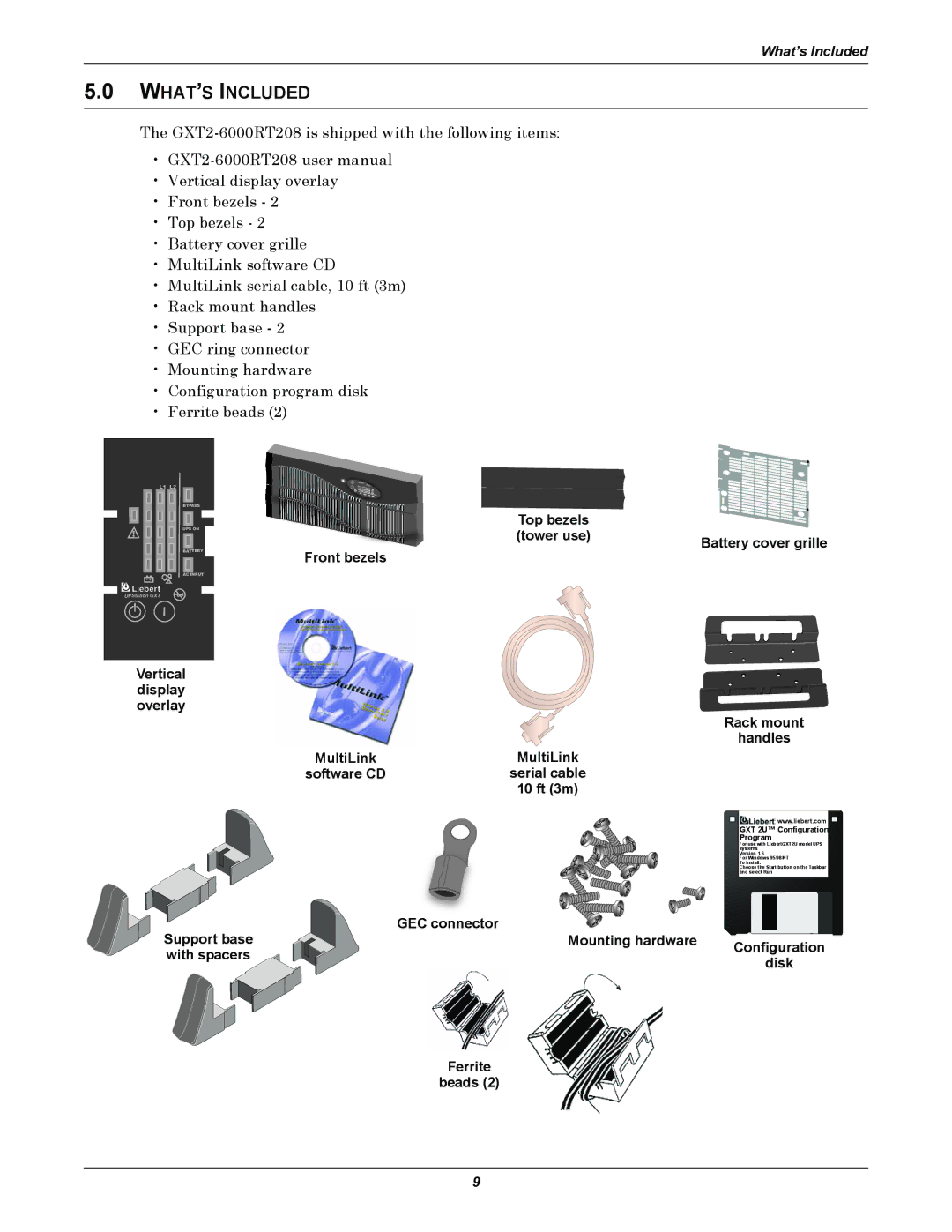 Liebert GXT2-6000 RT208 WHAT’S Included, Top bezels Tower use Battery cover grille, Configuration Disk Ferrite Beads 