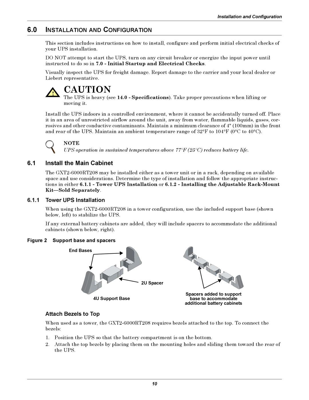 Liebert GXT2-6000 RT208 user manual Install the Main Cabinet, Installation and Configuration, Tower UPS Installation 