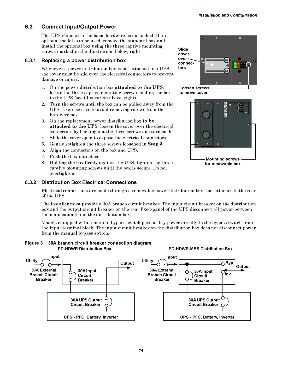 Liebert GXT2-6000 RT208 Connect Input/Output Power, Replacing a power distribution box, Mounting screws for removable box 