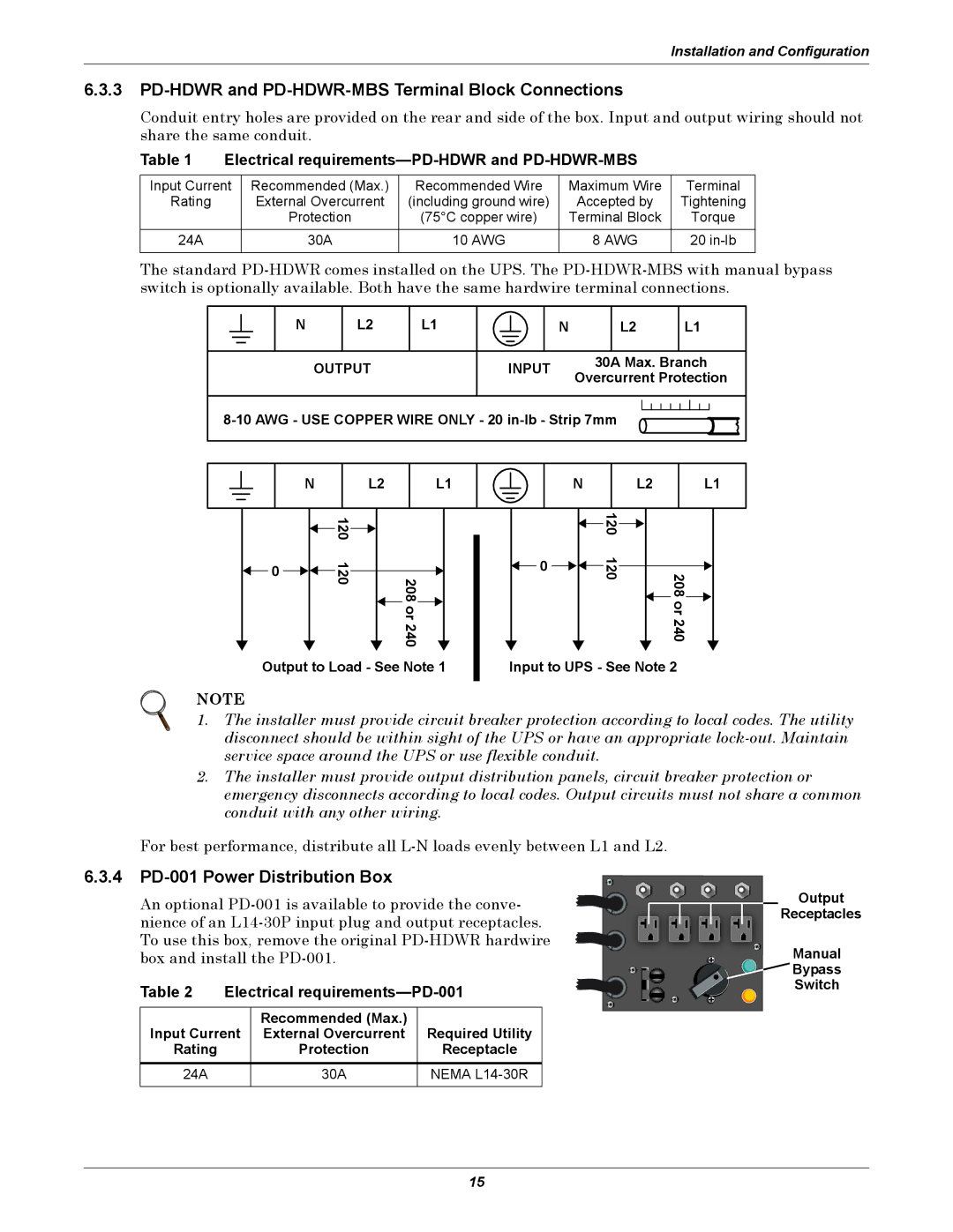 Liebert GXT2-6000 RT208 user manual PD-HDWR and PD-HDWR-MBS Terminal Block Connections, 4 PD-001 Power Distribution Box 