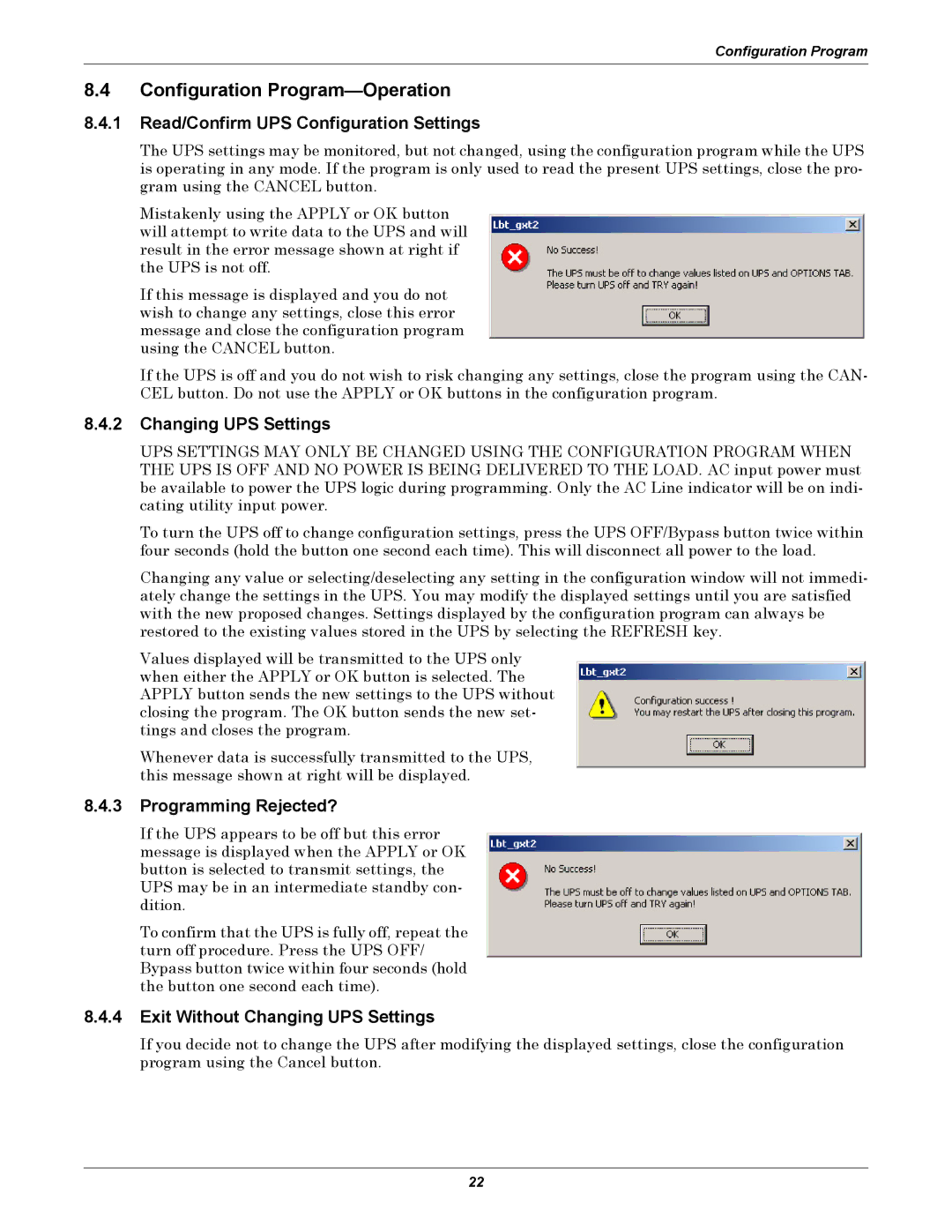 Liebert GXT2-6000 RT208 Configuration Program-Operation, Read/Confirm UPS Configuration Settings, Changing UPS Settings 