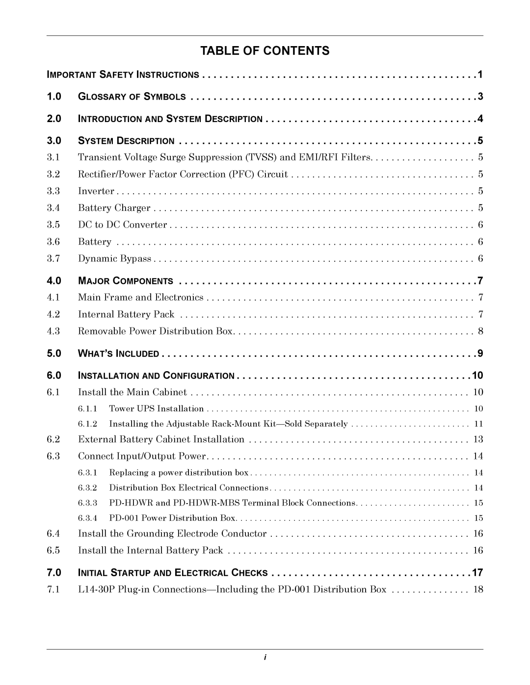 Liebert GXT2-6000 RT208 user manual Table of Contents 