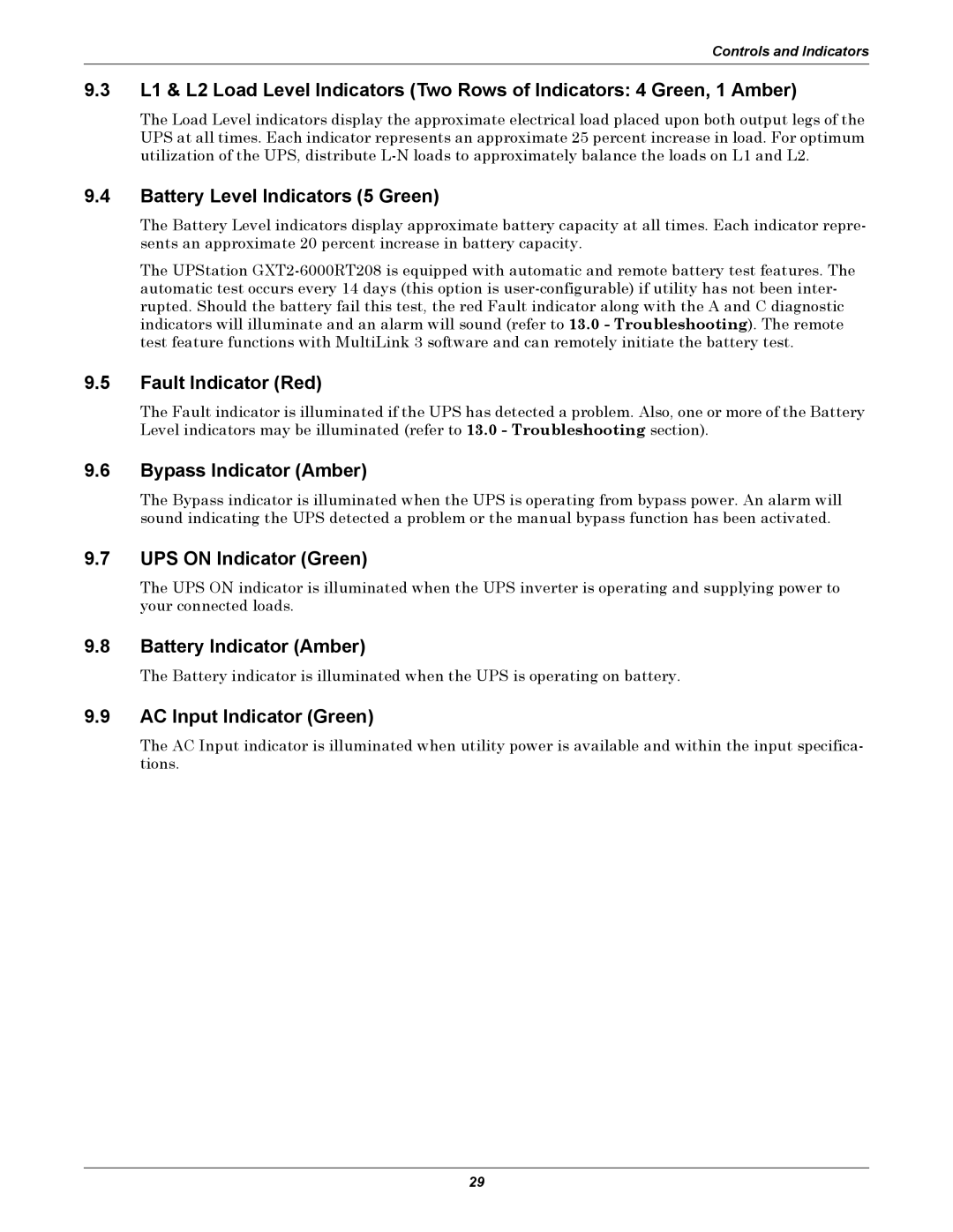 Liebert GXT2-6000 RT208 user manual Battery Level Indicators 5 Green, Fault Indicator Red, Bypass Indicator Amber 
