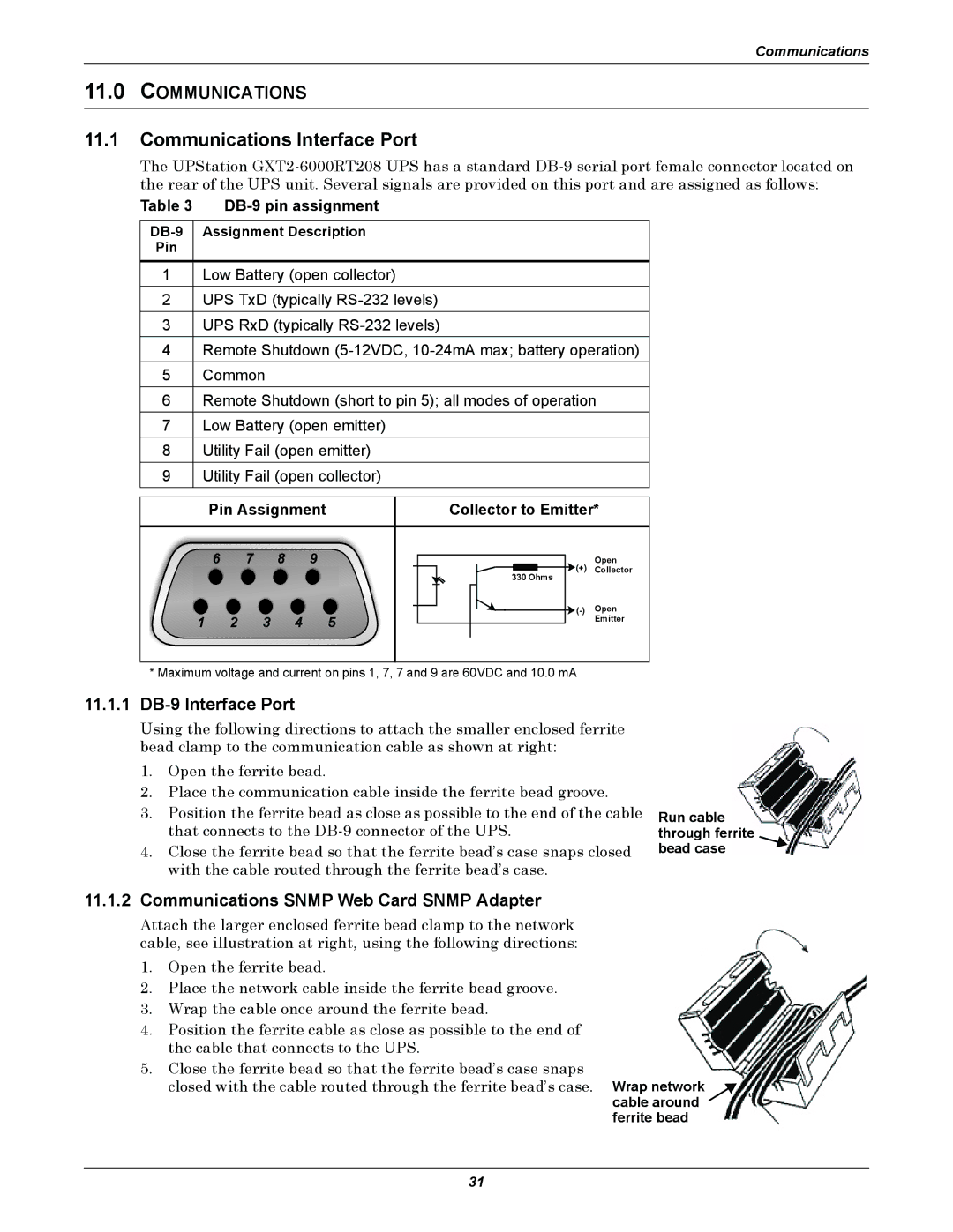 Liebert GXT2-6000 RT208 user manual Communications Interface Port, 11.1.1 DB-9 Interface Port, DB-9 pin assignment 