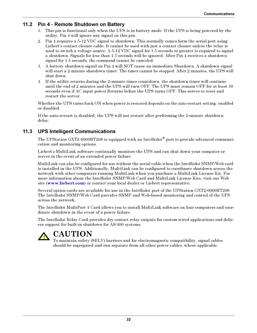 Liebert GXT2-6000 RT208 user manual Pin 4 Remote Shutdown on Battery, UPS Intelligent Communications 