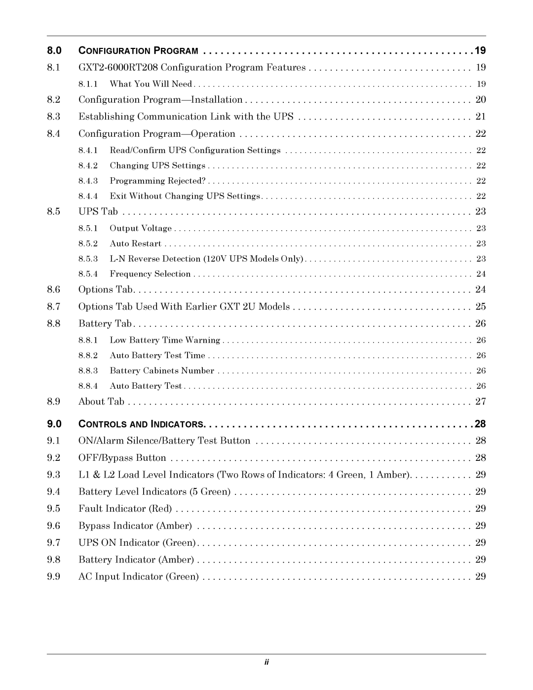 Liebert GXT2-6000 RT208 user manual Configuration Program, Controls and Indicators 