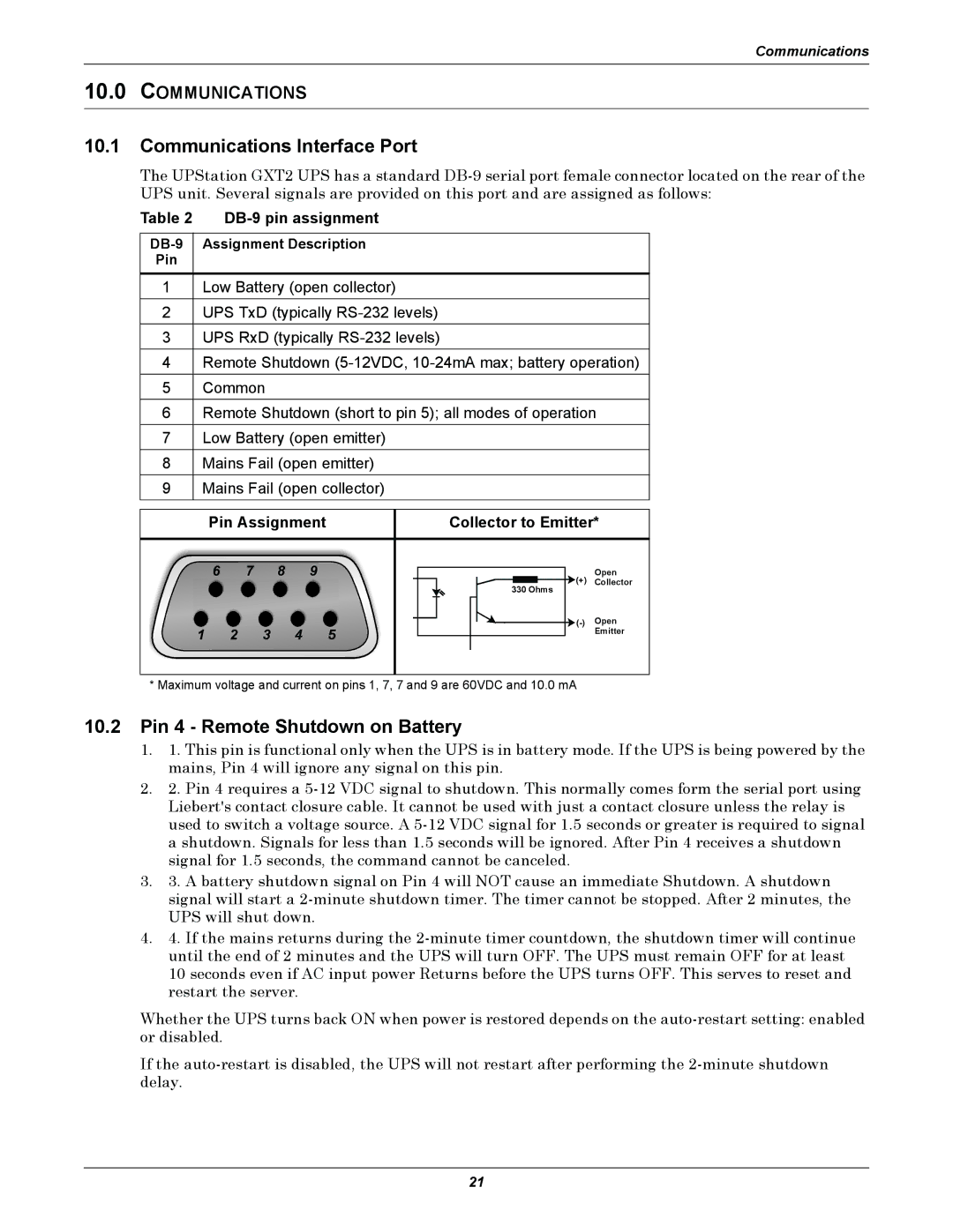 Liebert GXT2-4500RT230 manual Communications Interface Port, Pin 4 Remote Shutdown on Battery, DB-9 pin assignment 