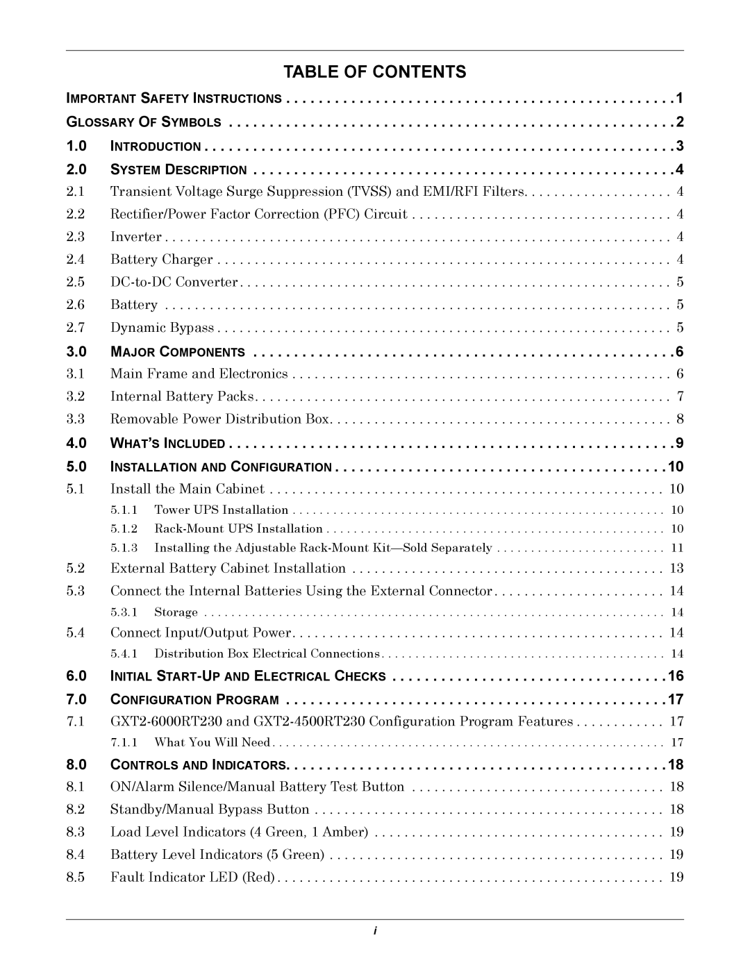 Liebert GXT2-4500RT230, GXT2-6000RT230 manual Table of Contents 