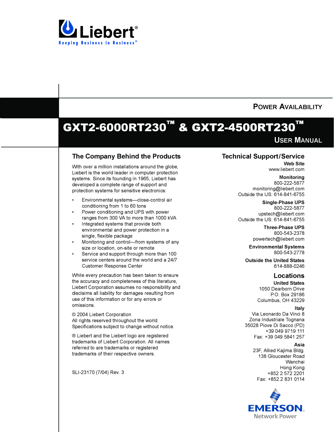 Liebert GXT2-6000RT230, GXT2-4500RT230 manual Company Behind the Products, Technical Support/Service, Locations 