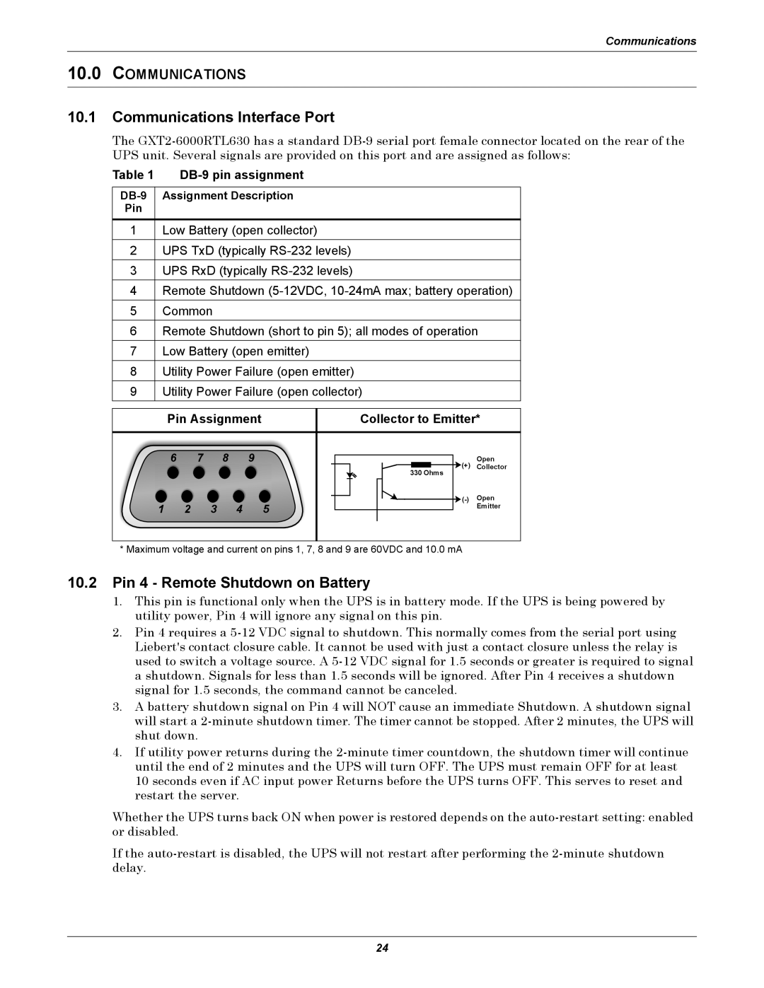 Liebert GXT2-6000RTL630 user manual Communications Interface Port, Pin 4 Remote Shutdown on Battery, DB-9 pin assignment 