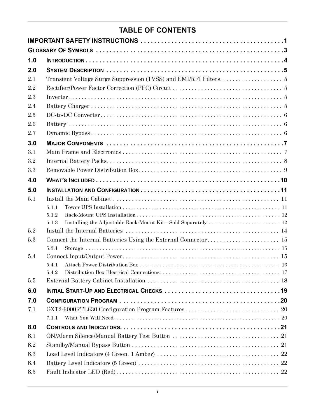 Liebert GXT2-6000RTL630 user manual Table of Contents 