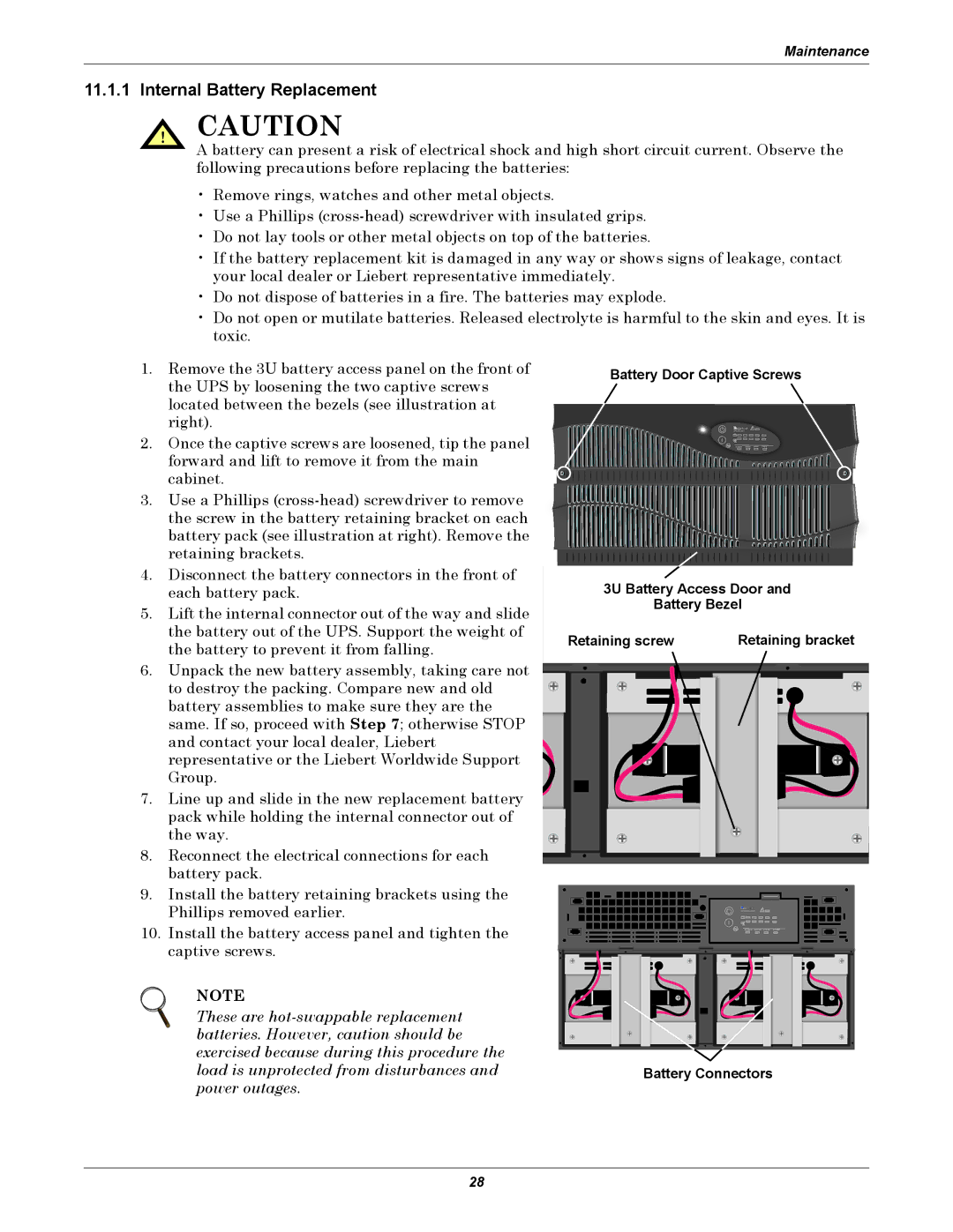 Liebert GXT2-6000RTL630 user manual Internal Battery Replacement, Battery Door Captive Screws 3U Battery Access Door 