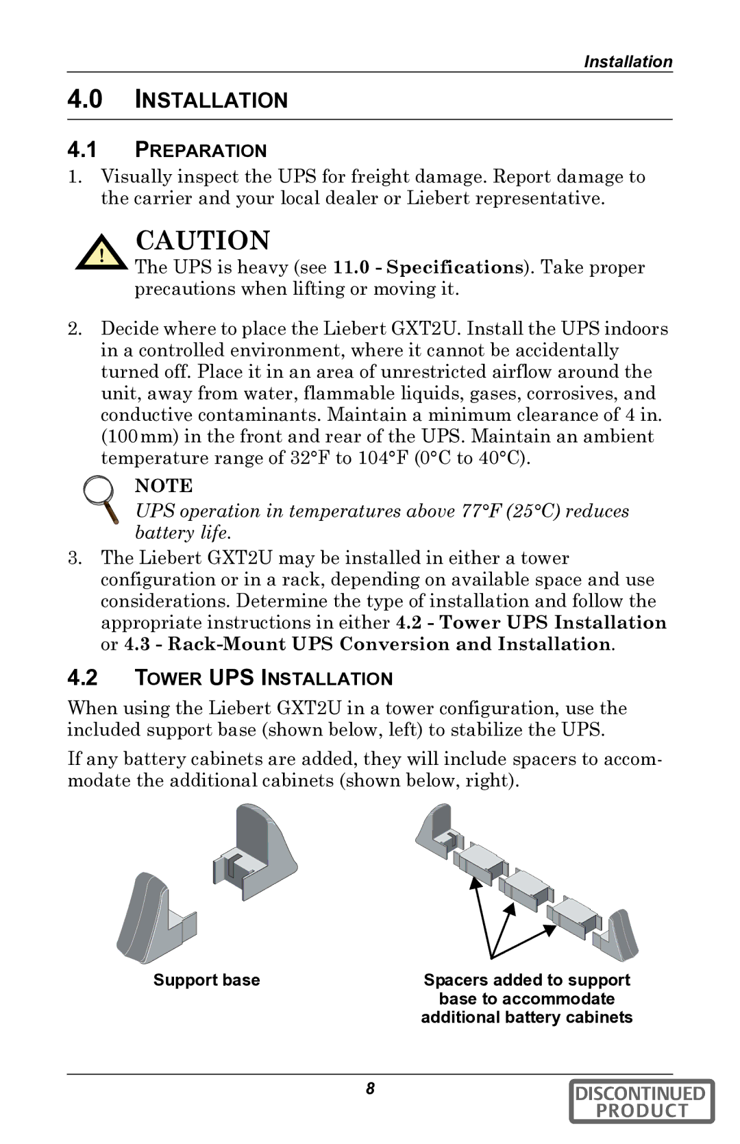 Liebert gxt2u user manual Preparation, Tower UPS Installation 